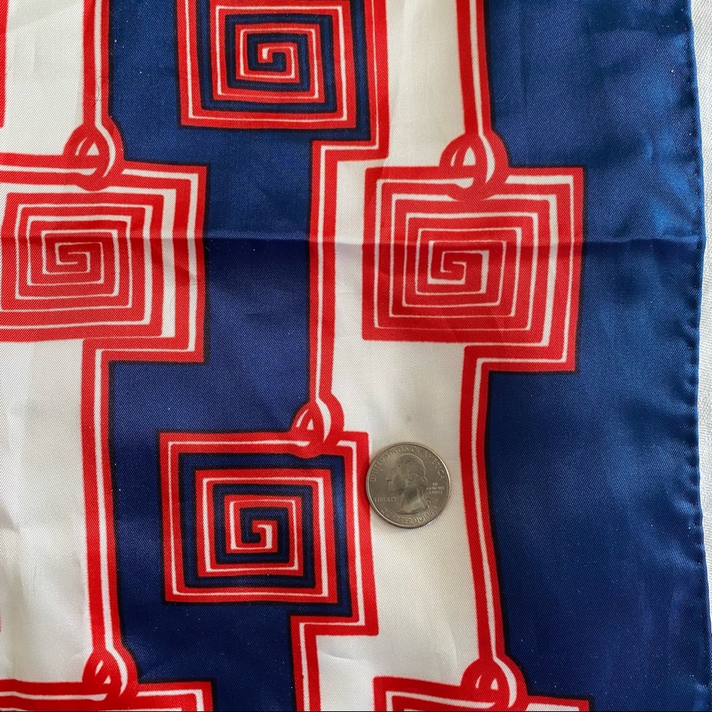 Vintage 70s Sillook Long Scarf Red White & Navy Blue Geometric 15" x 46" - Picture 11 of 15